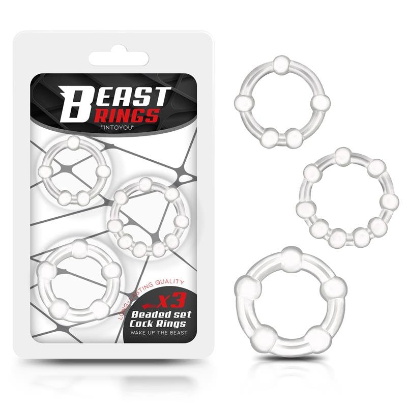 ANELLI BEAST Set di 3 anelli per pene flessibili trasparenti con perline
