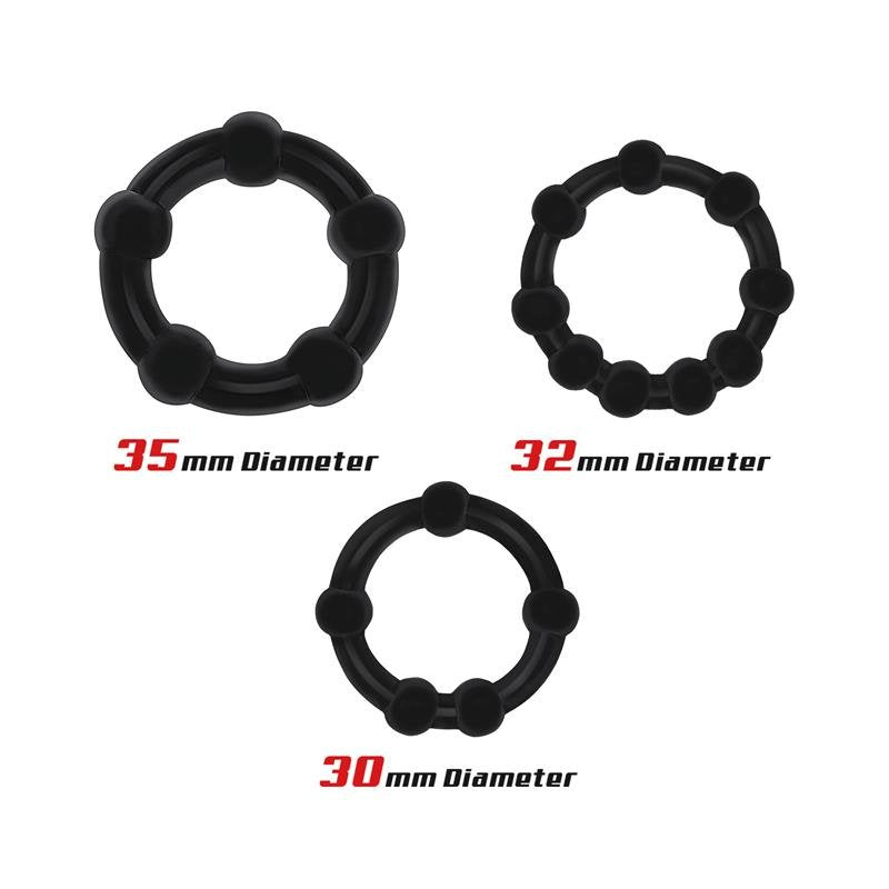 ANELLI BEAST Set di 3 anelli per il pene flessibili con perline neri